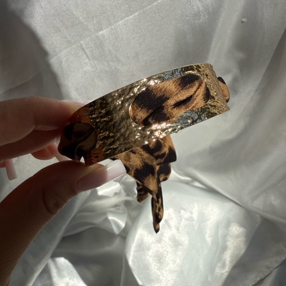 Leopard Print Gold Cuff Bracelet – Wild Animal Pattern Statement Jewelry - Picture 4 of 6